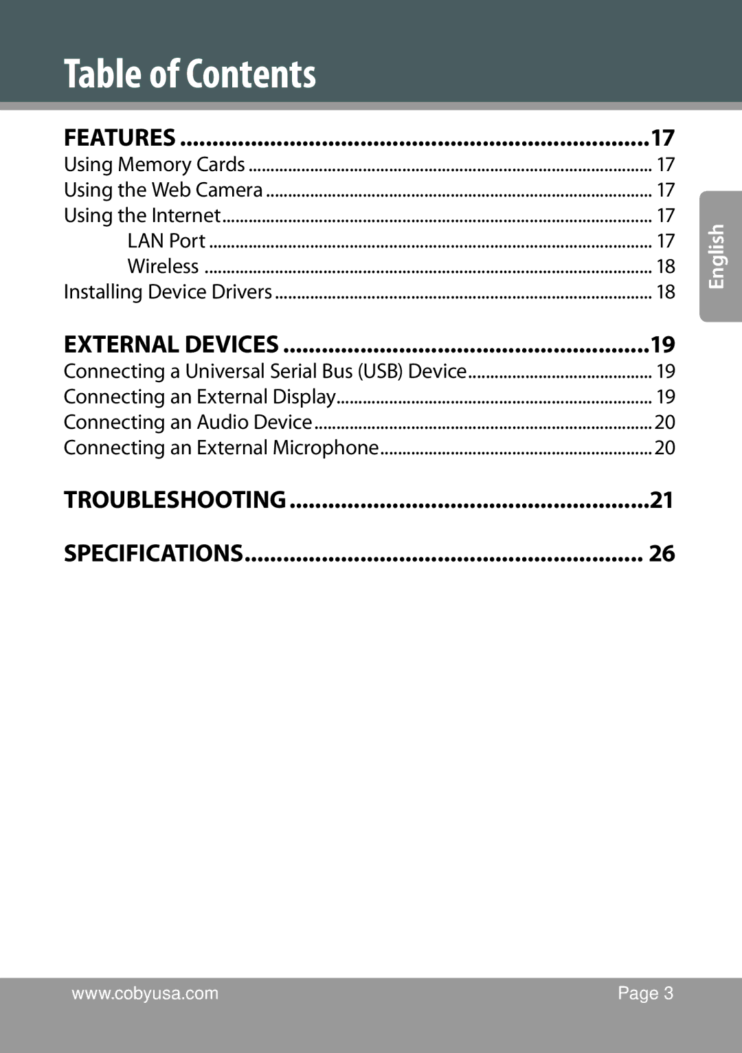 COBY electronic NBPC1022 instruction manual Troubleshooting Specifications 