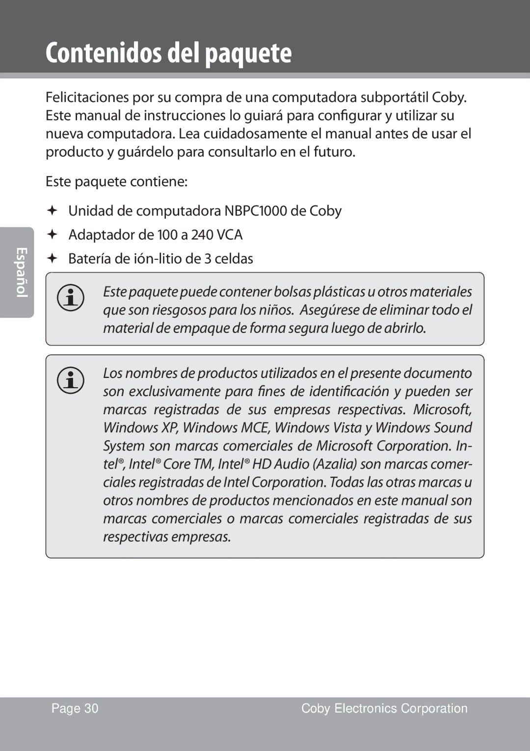 COBY electronic NBPC1022 instruction manual Contenidos del paquete 