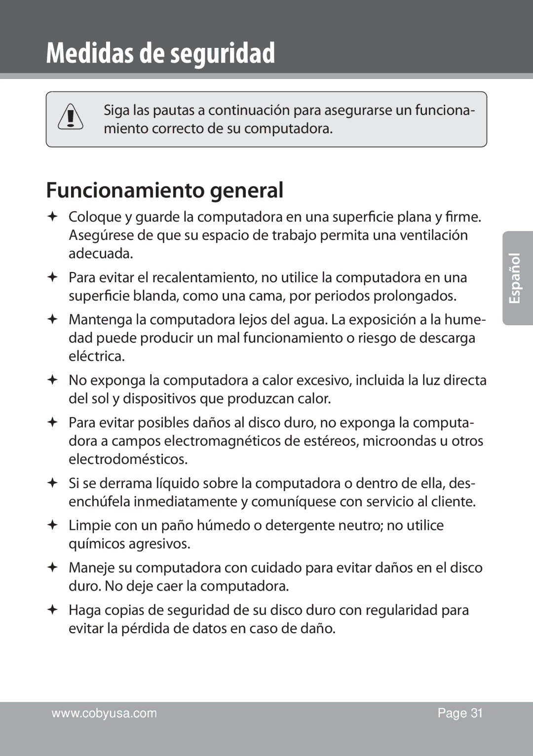 COBY electronic NBPC1022 instruction manual Medidas de seguridad, Funcionamiento general 