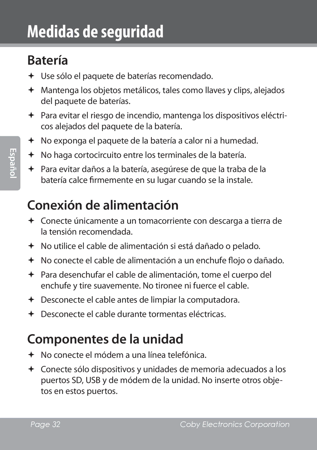 COBY electronic NBPC1022 instruction manual Batería, Conexión de alimentación, Componentes de la unidad 