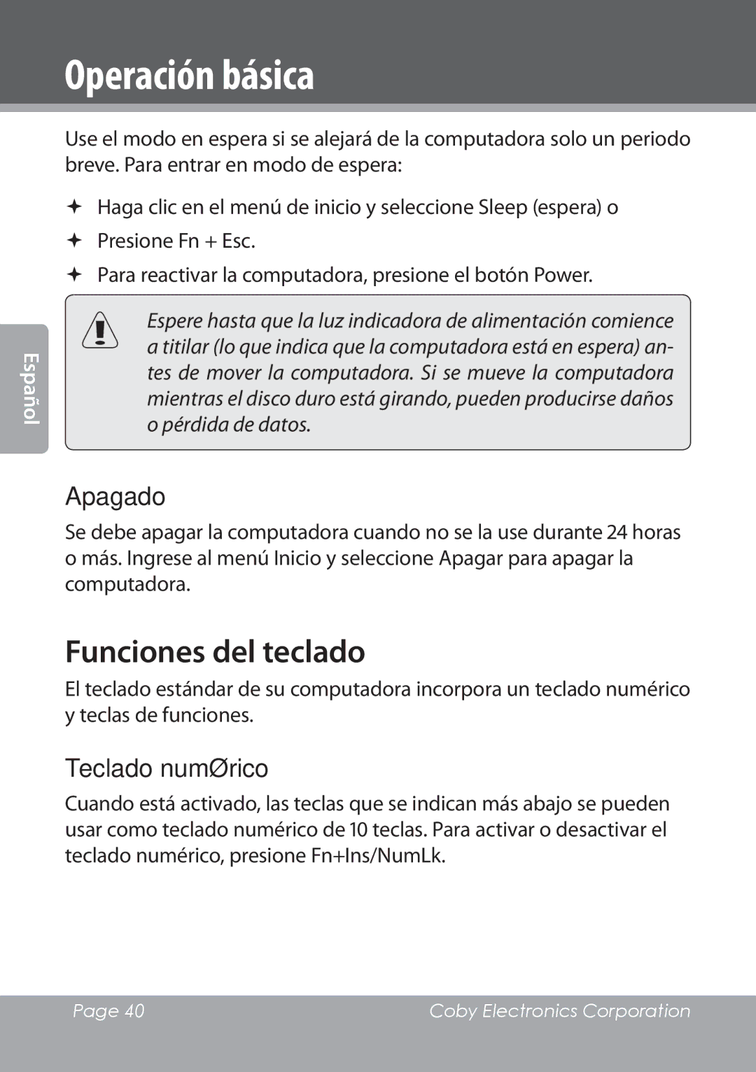 COBY electronic NBPC1022 instruction manual Funciones del teclado, Apagado, Teclado numérico 