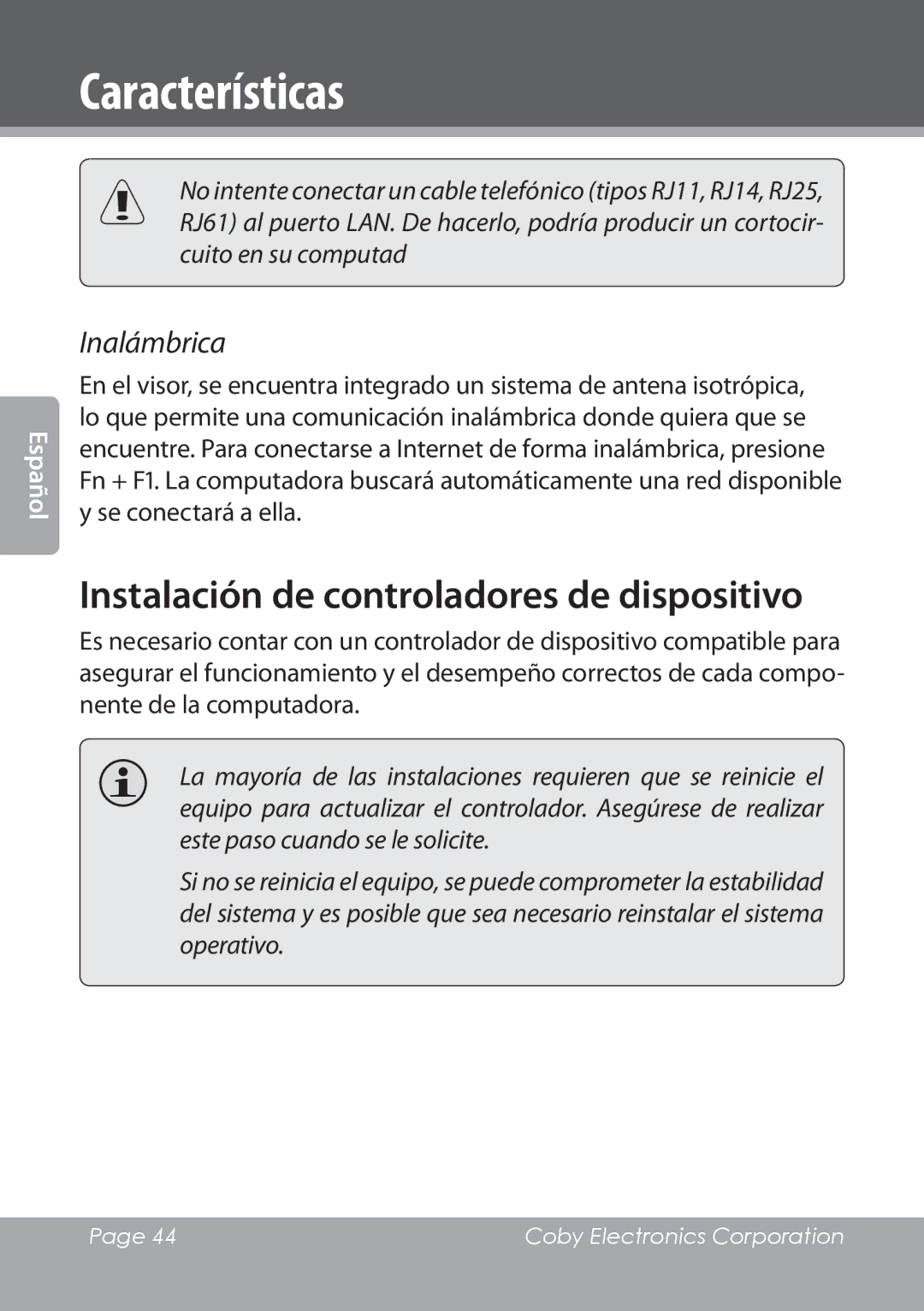 COBY electronic NBPC1022 instruction manual Instalación de controladores de dispositivo, Inalámbrica 