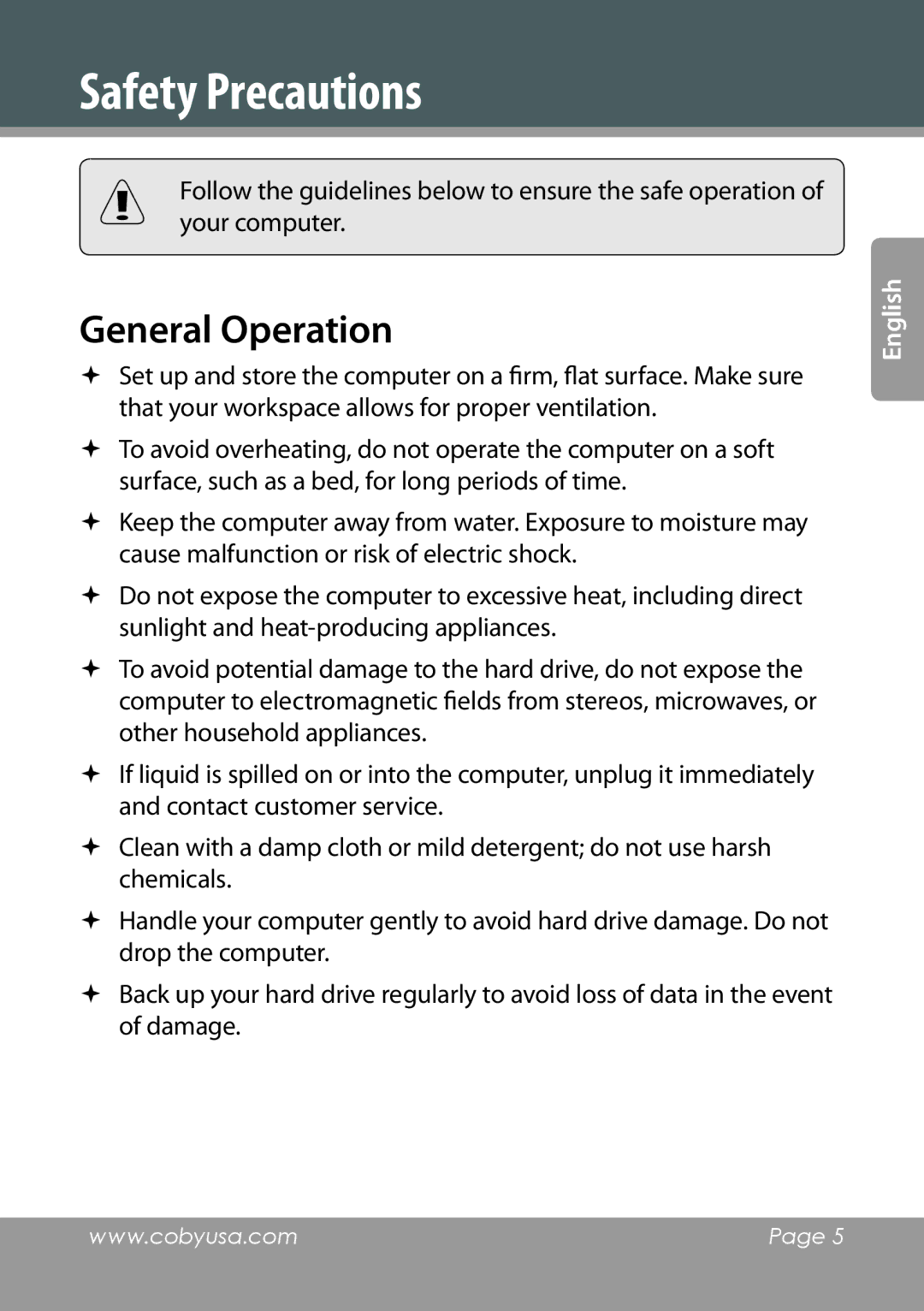 COBY electronic NBPC1022 instruction manual Safety Precautions, General Operation 