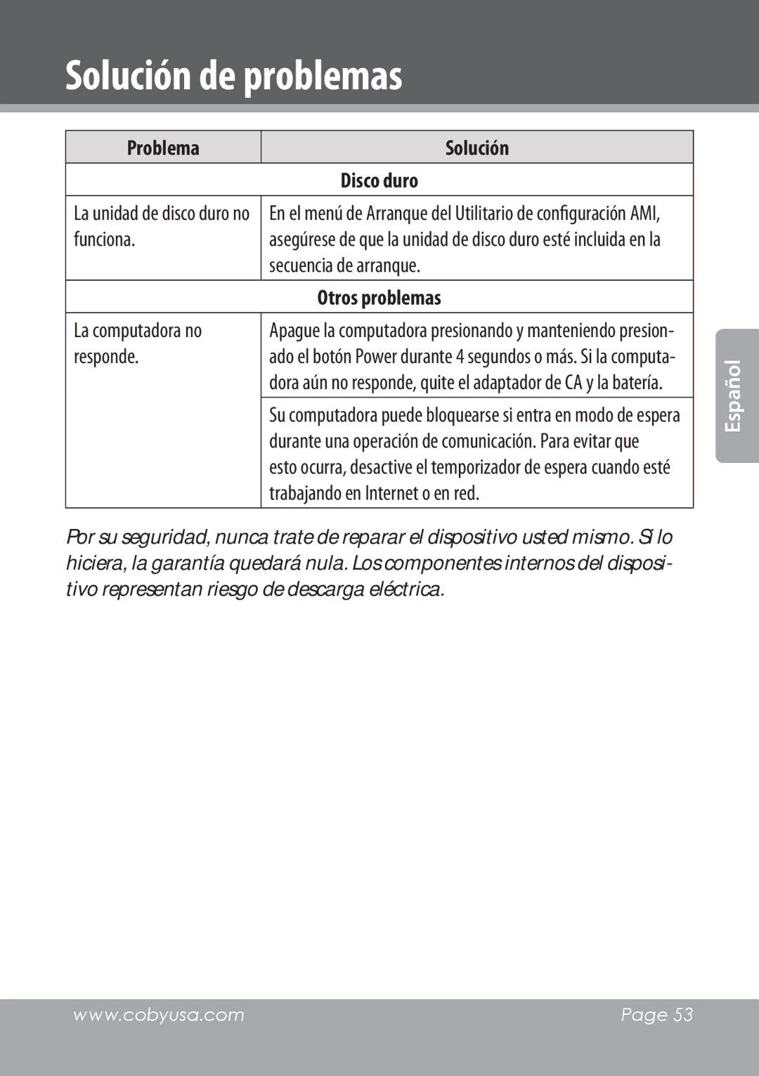 COBY electronic NBPC1022 instruction manual Funciona, Secuencia de arranque, La computadora no responde 