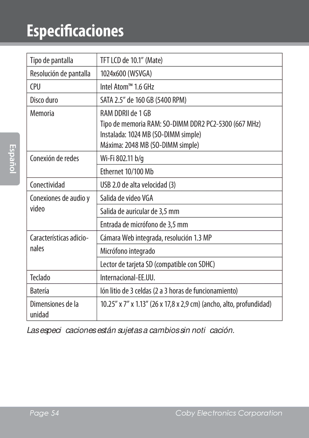 COBY electronic NBPC1022 instruction manual Especificaciones 