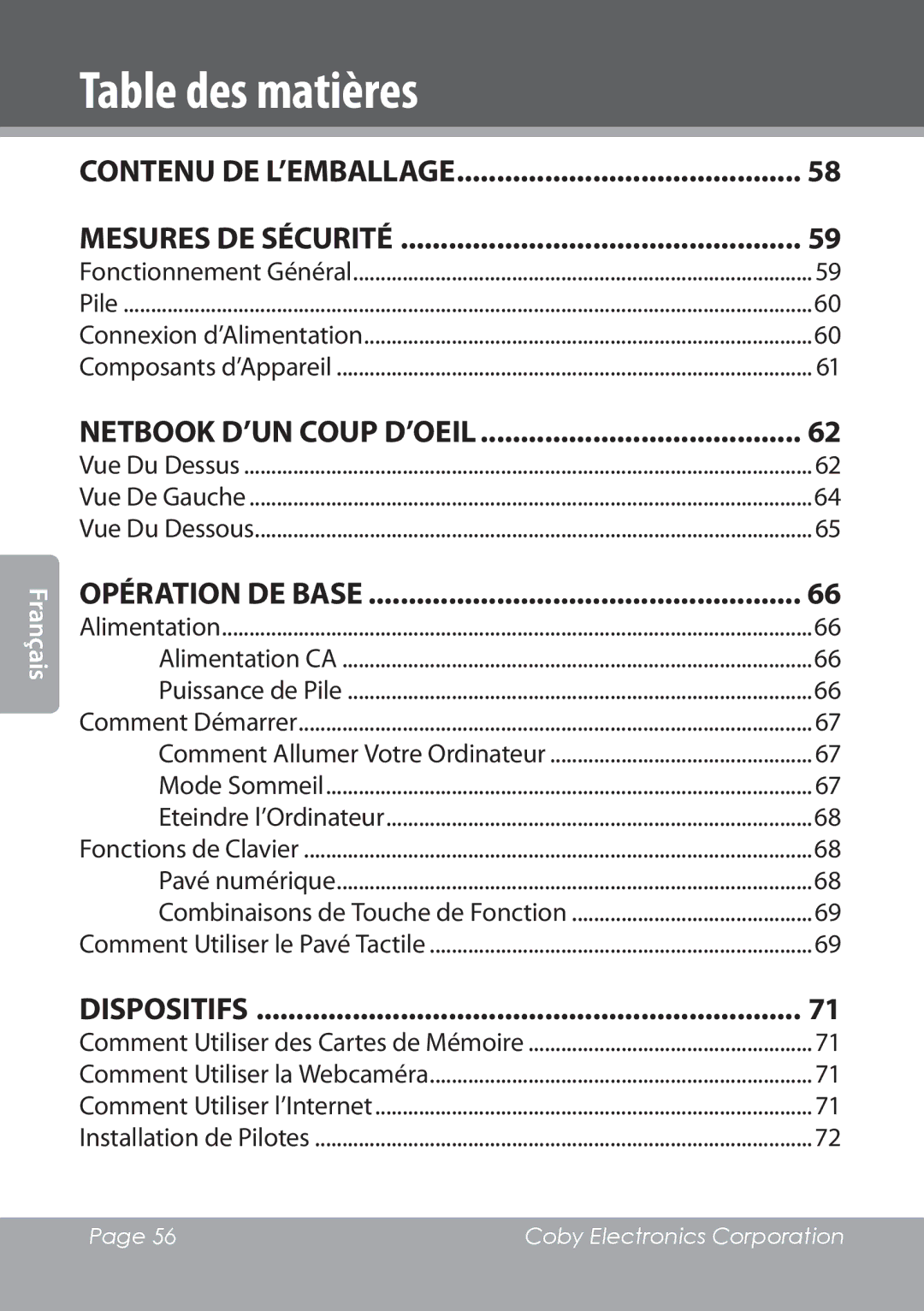 COBY electronic NBPC1022 instruction manual Table des matières, Contenu de l’emballage 