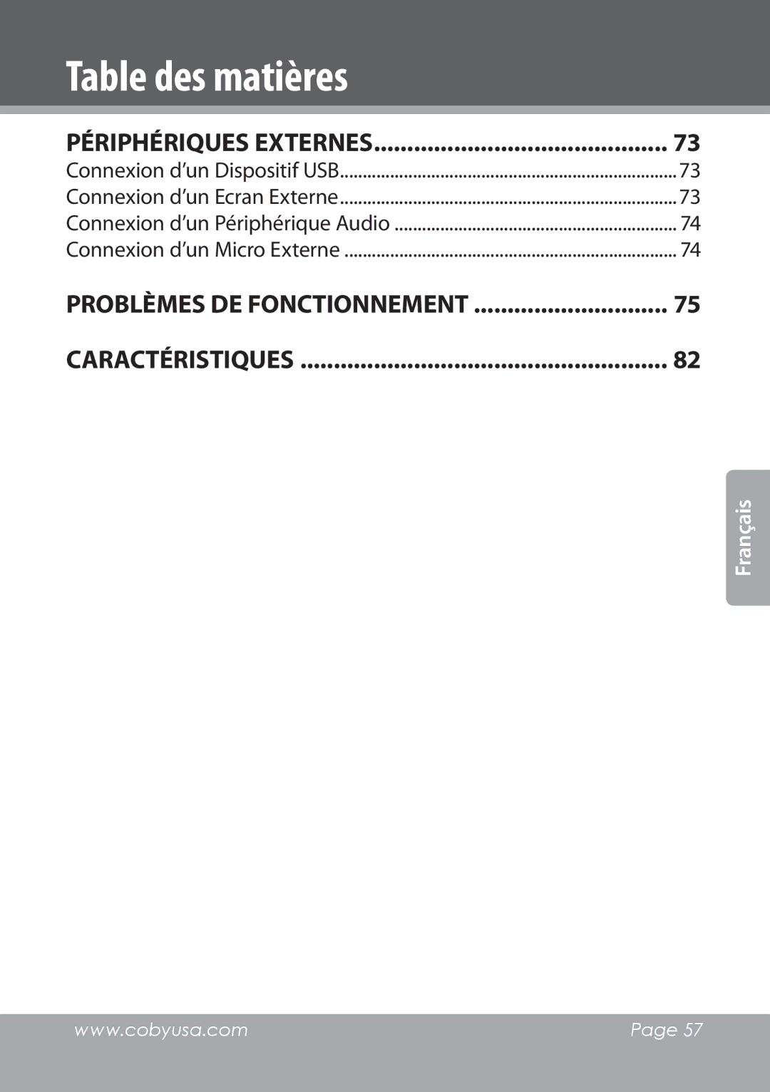 COBY electronic NBPC1022 instruction manual Problèmes de fonctionnement Caractéristiques 