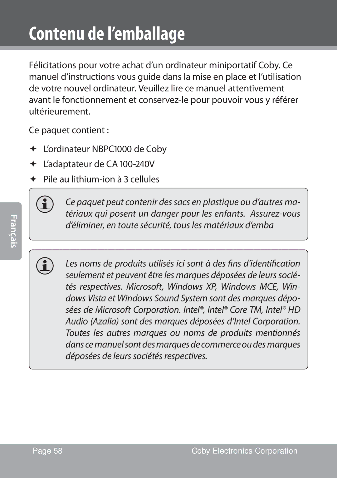 COBY electronic NBPC1022 instruction manual Contenu de l’emballage 