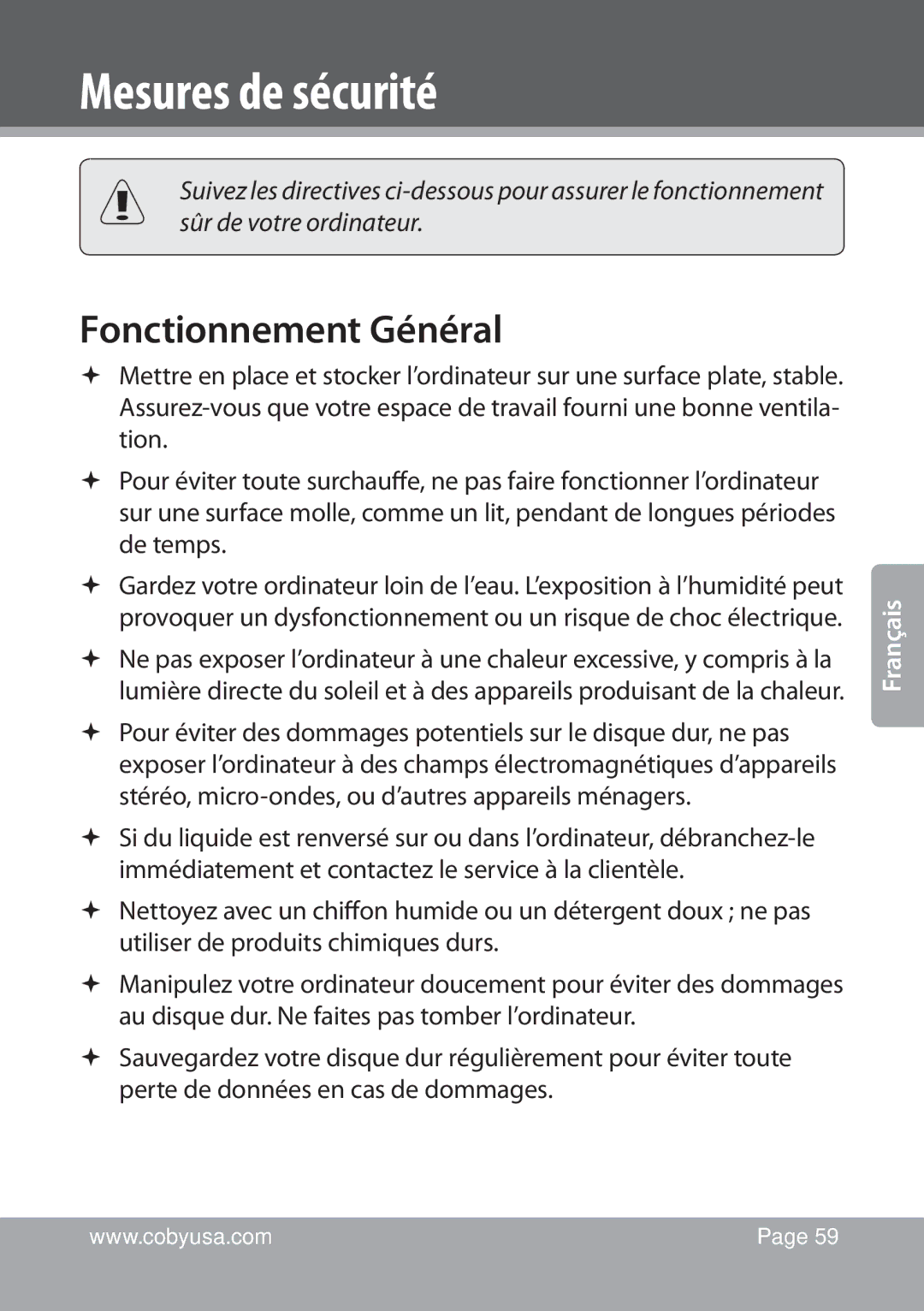 COBY electronic NBPC1022 instruction manual Mesures de sécurité, Fonctionnement Général 