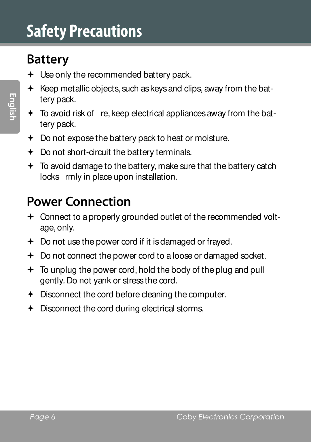 COBY electronic NBPC1022 instruction manual Battery, Power Connection 