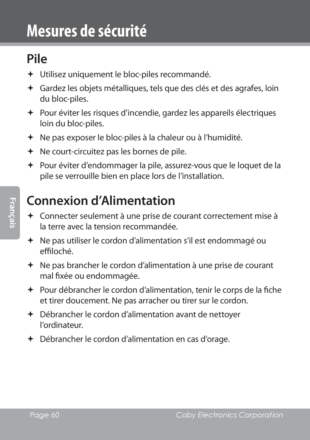 COBY electronic NBPC1022 instruction manual Pile, Connexion d’Alimentation 