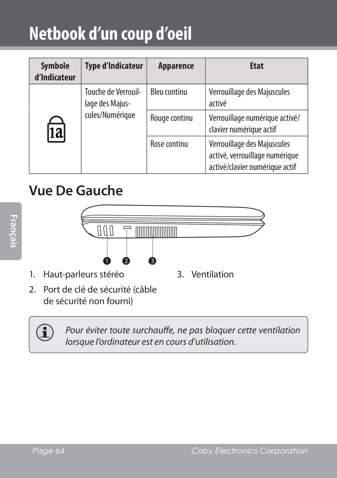 COBY electronic NBPC1022 Vue De Gauche, Activé, Clavier numérique actif, Rose continu, Haut-parleurs stéréo Ventilation 