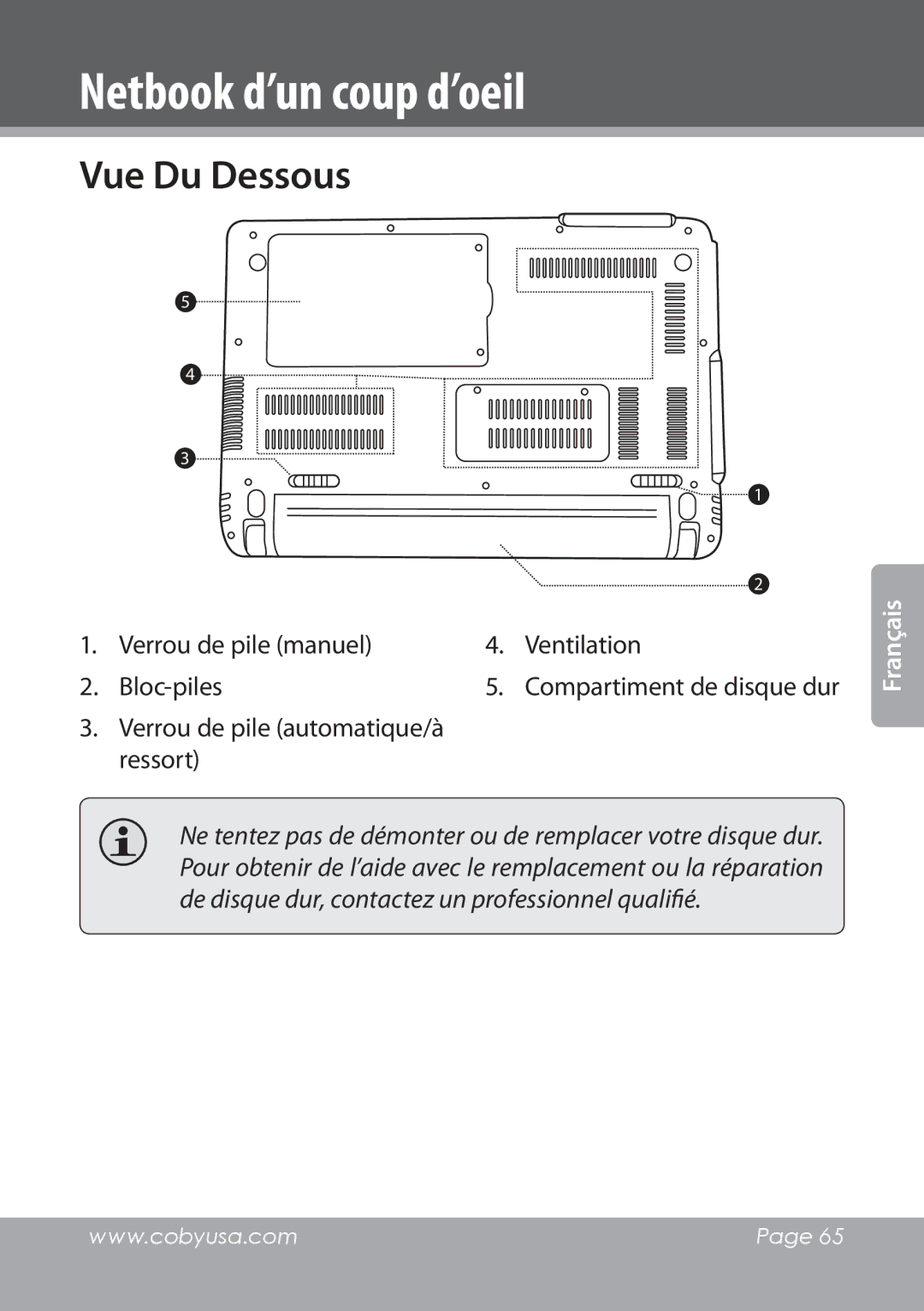 COBY electronic NBPC1022 instruction manual Vue Du Dessous, Verrou de pile automatique/à ressort 