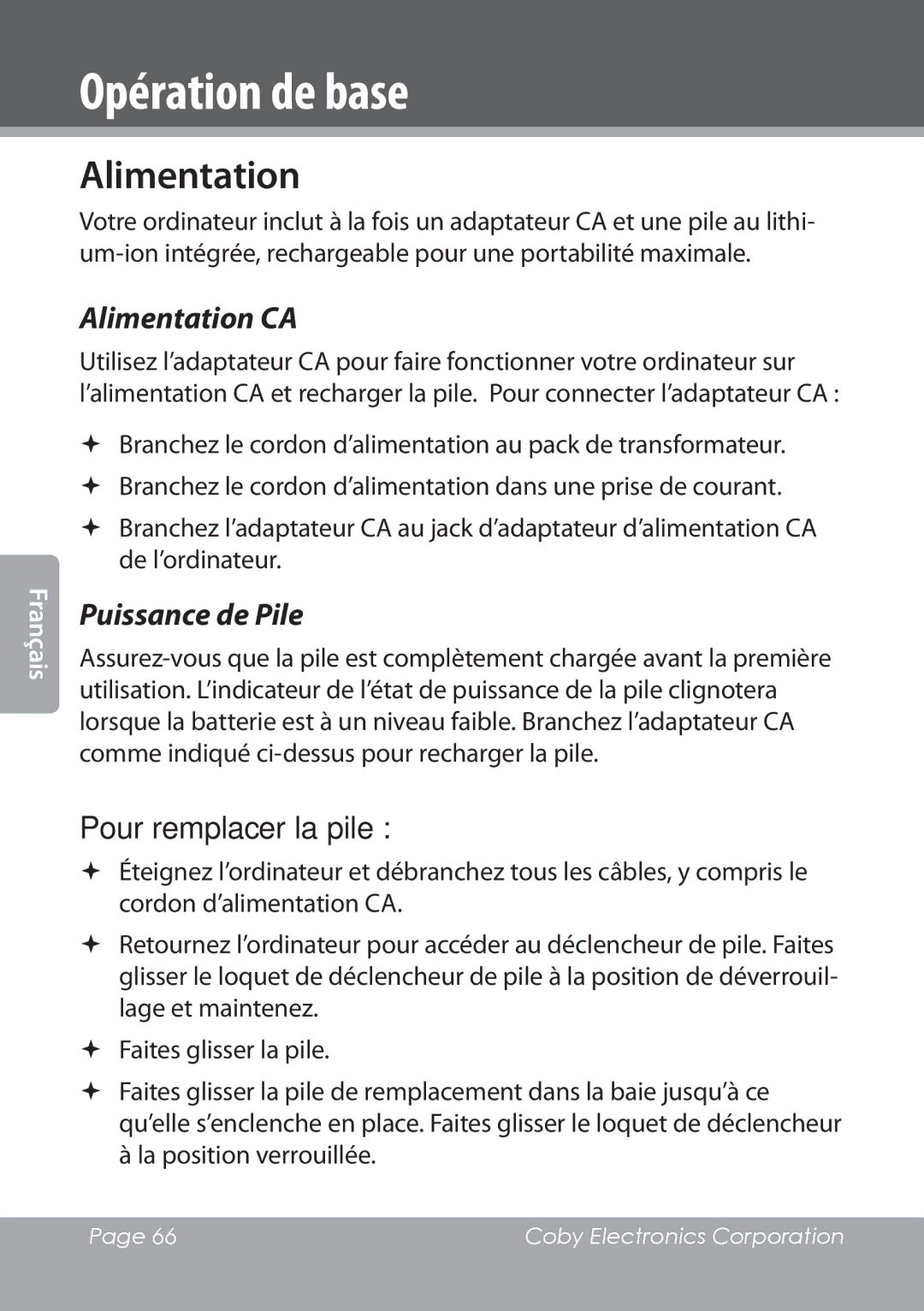 COBY electronic NBPC1022 Opération de base, Alimentation CA, Puissance de Pile, Pour remplacer la pile 