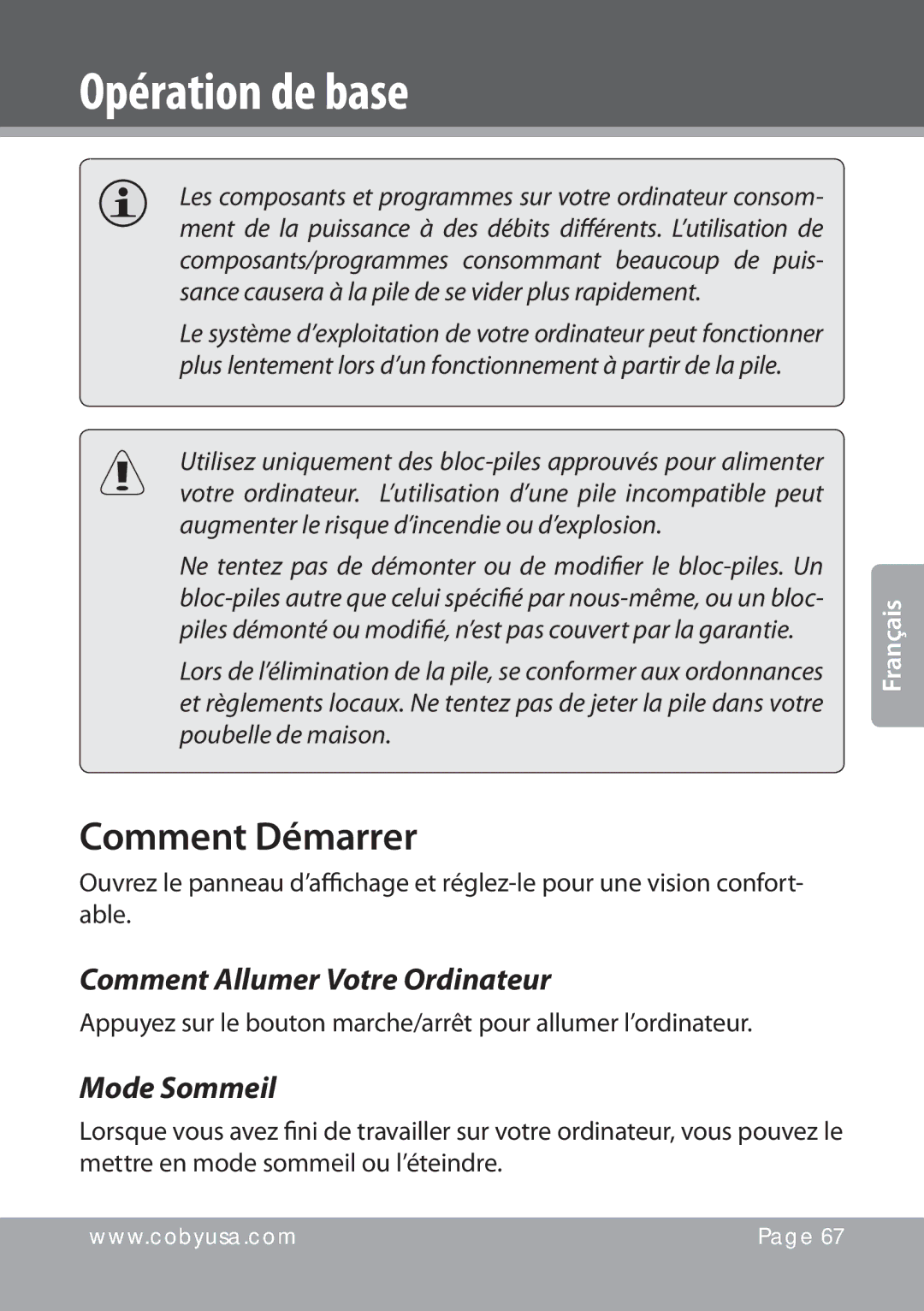 COBY electronic NBPC1022 instruction manual Comment Démarrer, Comment Allumer Votre Ordinateur, Mode Sommeil 