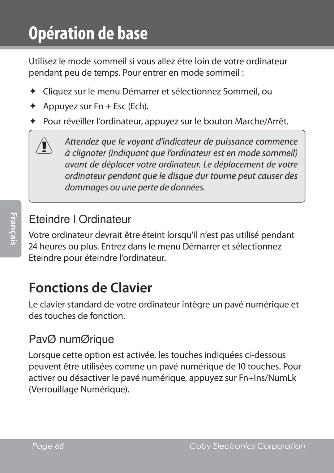 COBY electronic NBPC1022 instruction manual Fonctions de Clavier, Eteindre l’Ordinateur, Pavé numérique 