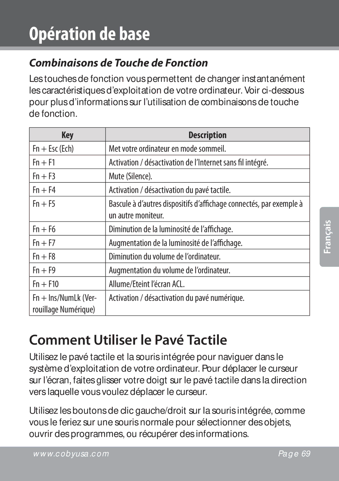 COBY electronic NBPC1022 Comment Utiliser le Pavé Tactile, Combinaisons de Touche de Fonction, Un autre moniteur 