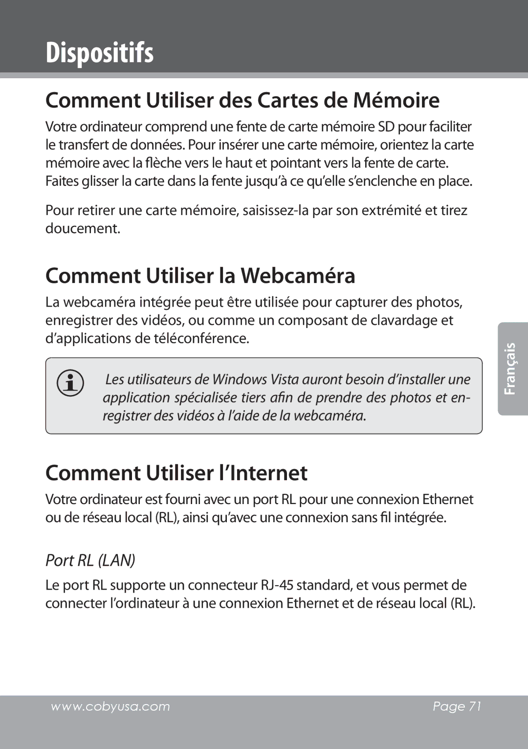 COBY electronic NBPC1022 Dispositifs, Comment Utiliser des Cartes de Mémoire, Comment Utiliser la Webcaméra, Port RL LAN 