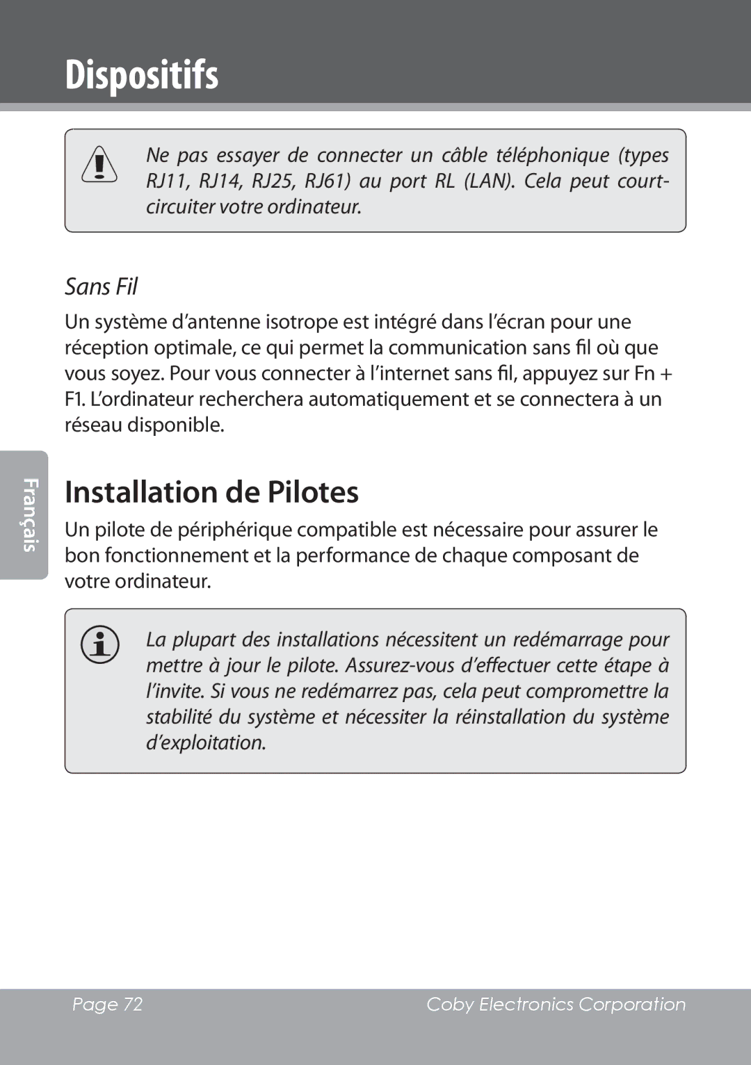 COBY electronic NBPC1022 instruction manual Installation de Pilotes, Sans Fil 