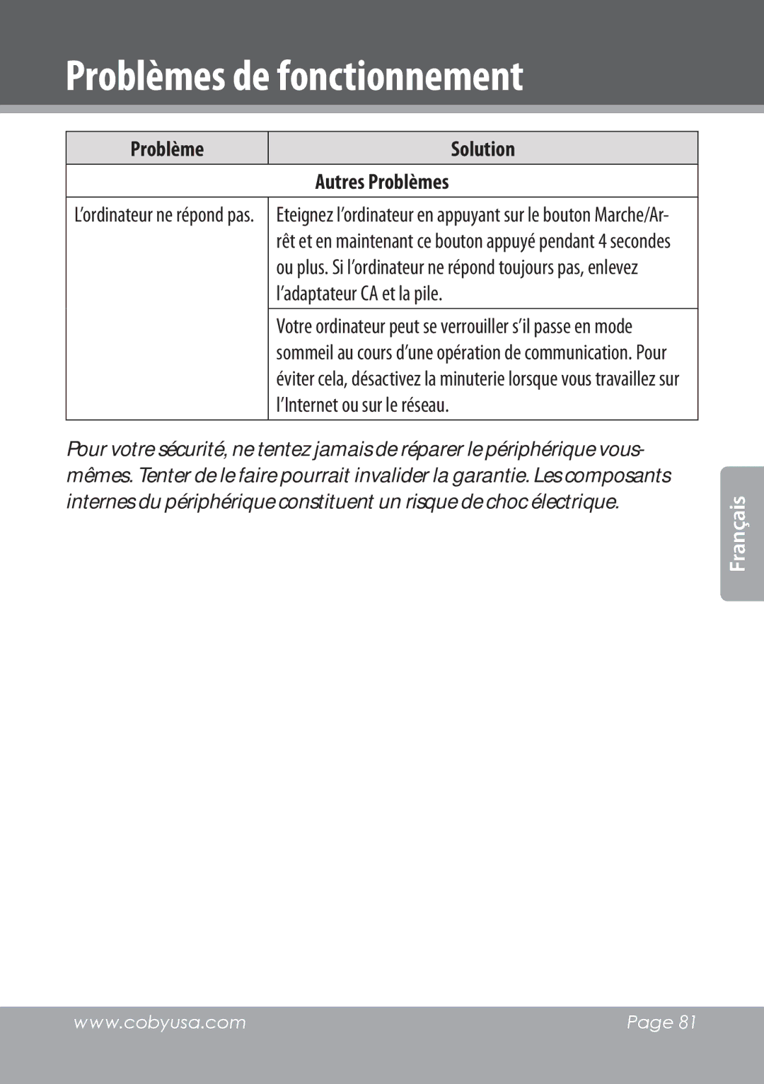 COBY electronic NBPC1022 instruction manual Autres Problèmes, ’ordinateur ne répond pas 