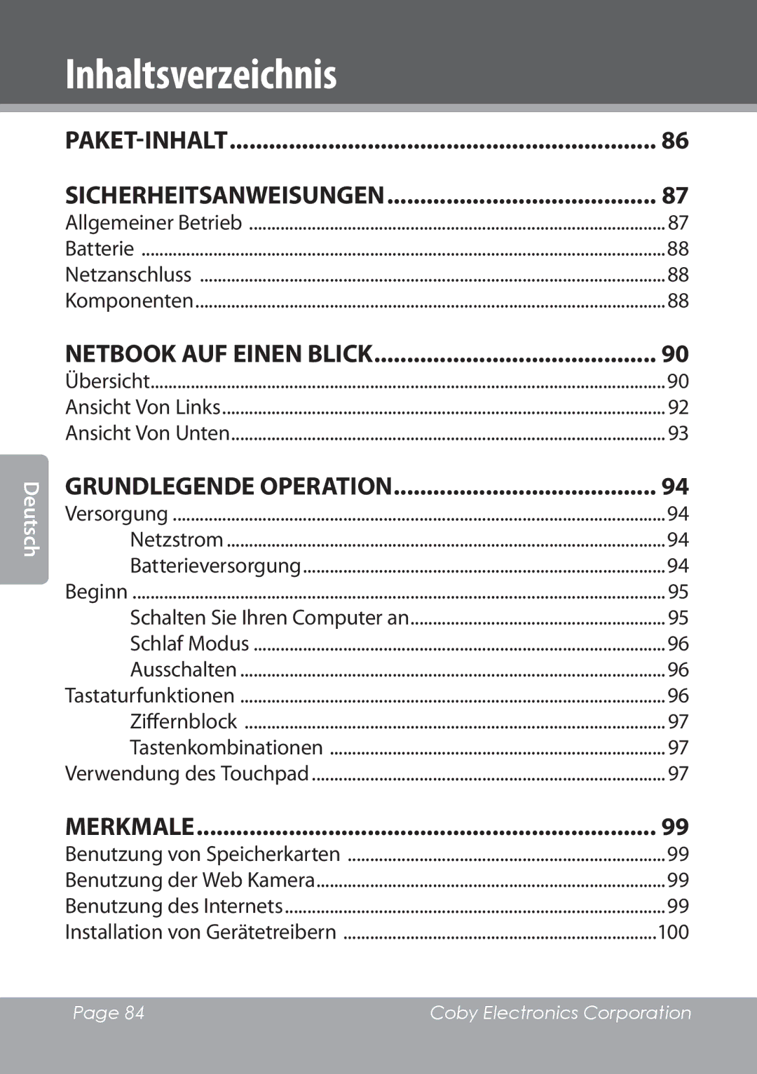 COBY electronic NBPC1022 instruction manual Inhaltsverzeichnis, Grundlegende Operation 