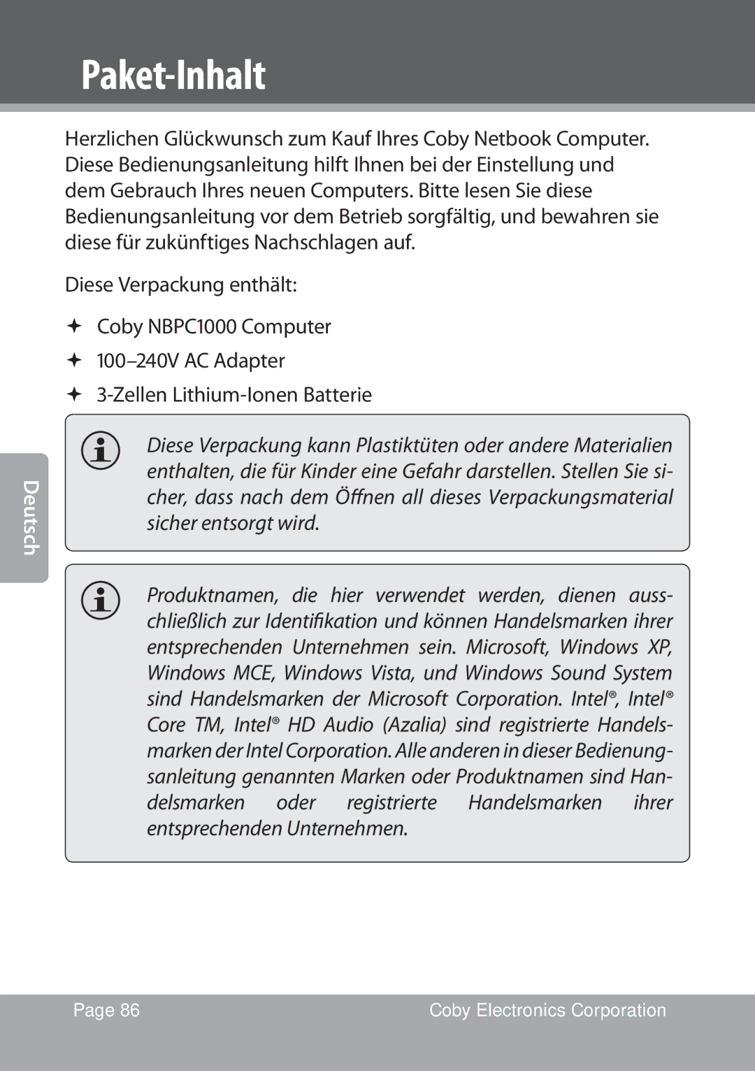 COBY electronic NBPC1022 instruction manual Paket-Inhalt 