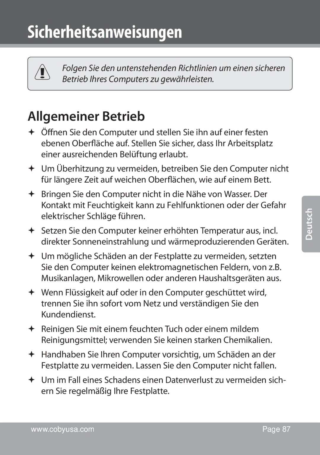 COBY electronic NBPC1022 instruction manual Sicherheitsanweisungen, Allgemeiner Betrieb 