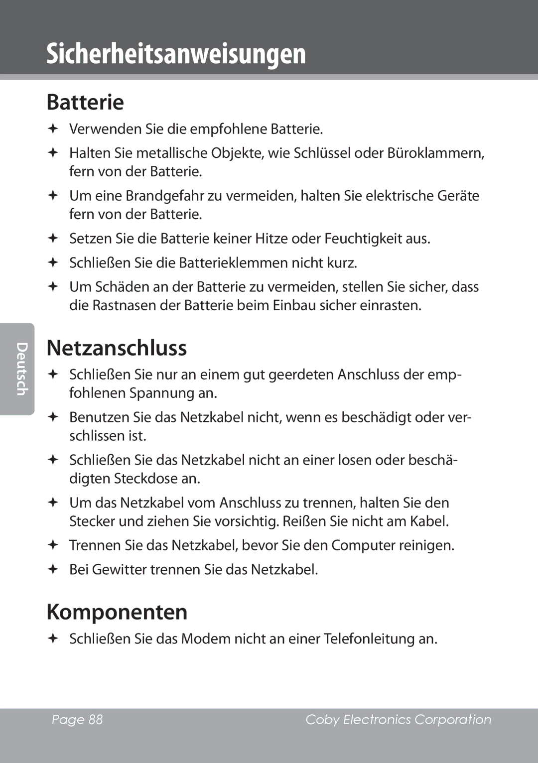 COBY electronic NBPC1022 Batterie, Netzanschluss, Komponenten,  Schließen Sie das Modem nicht an einer Telefonleitung an 