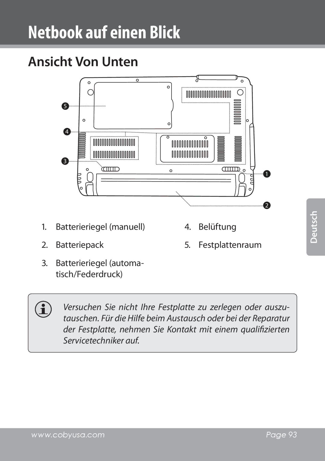 COBY electronic NBPC1022 instruction manual Ansicht Von Unten, Batterieriegel manuell Belüftung Batteriepack 