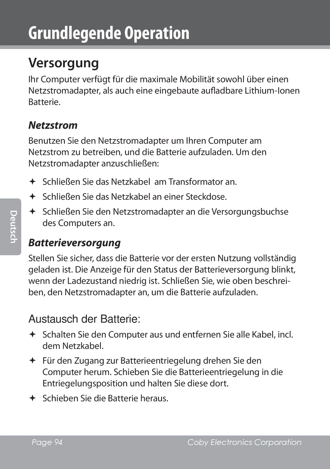 COBY electronic NBPC1022 Grundlegende Operation, Versorgung, Netzstrom, Batterieversorgung, Austausch der Batterie 