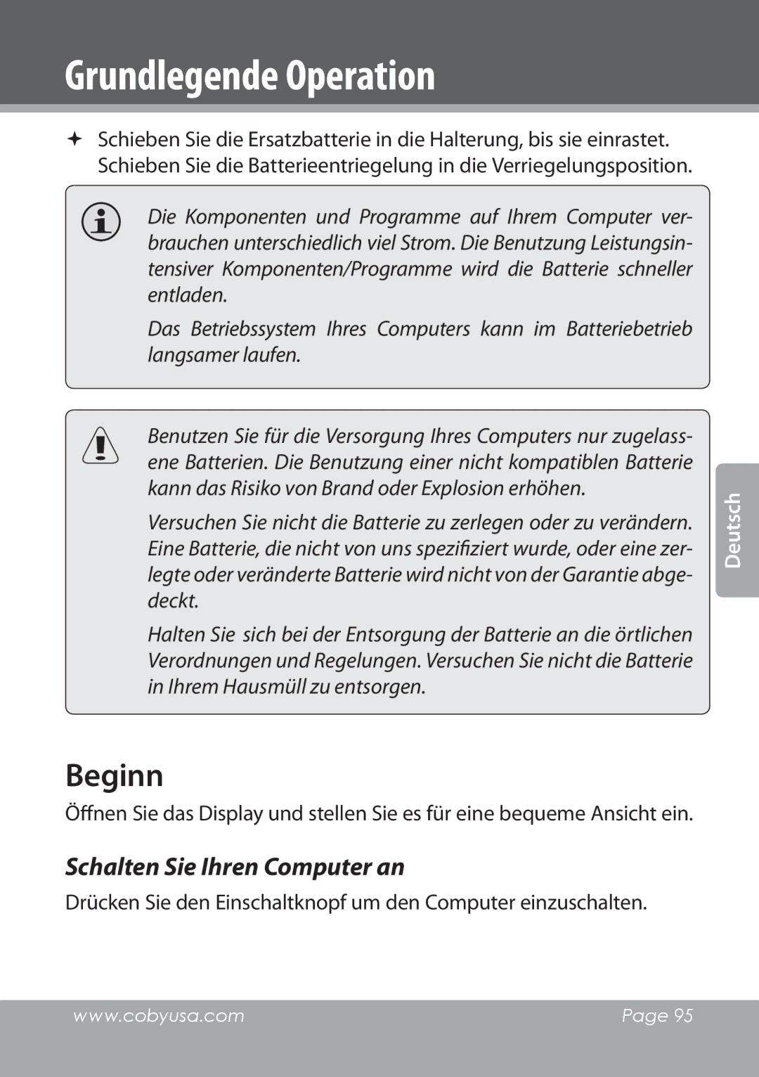 COBY electronic NBPC1022 instruction manual Beginn, Schalten Sie Ihren Computer an 