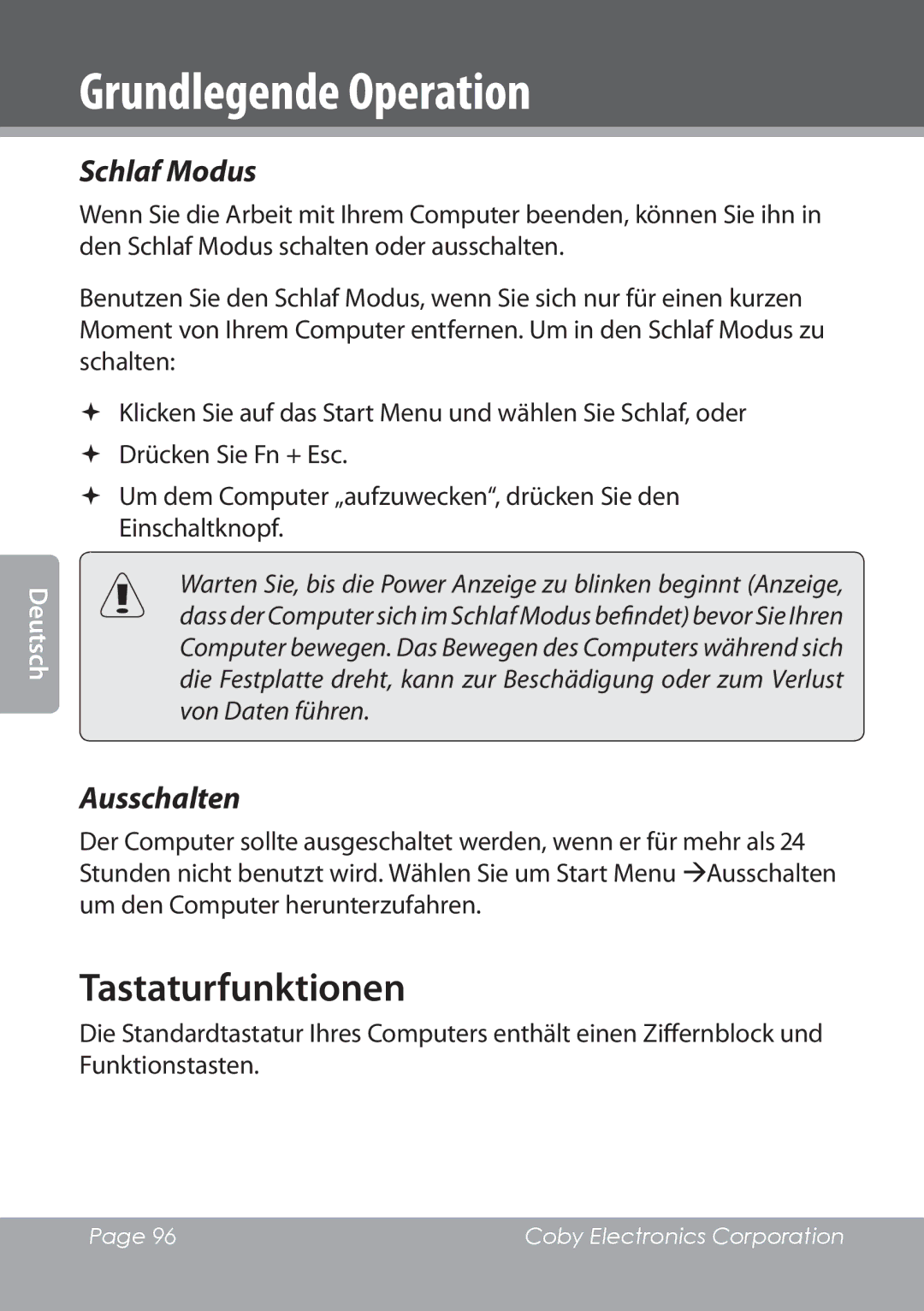 COBY electronic NBPC1022 instruction manual Tastaturfunktionen, Schlaf Modus, Ausschalten 