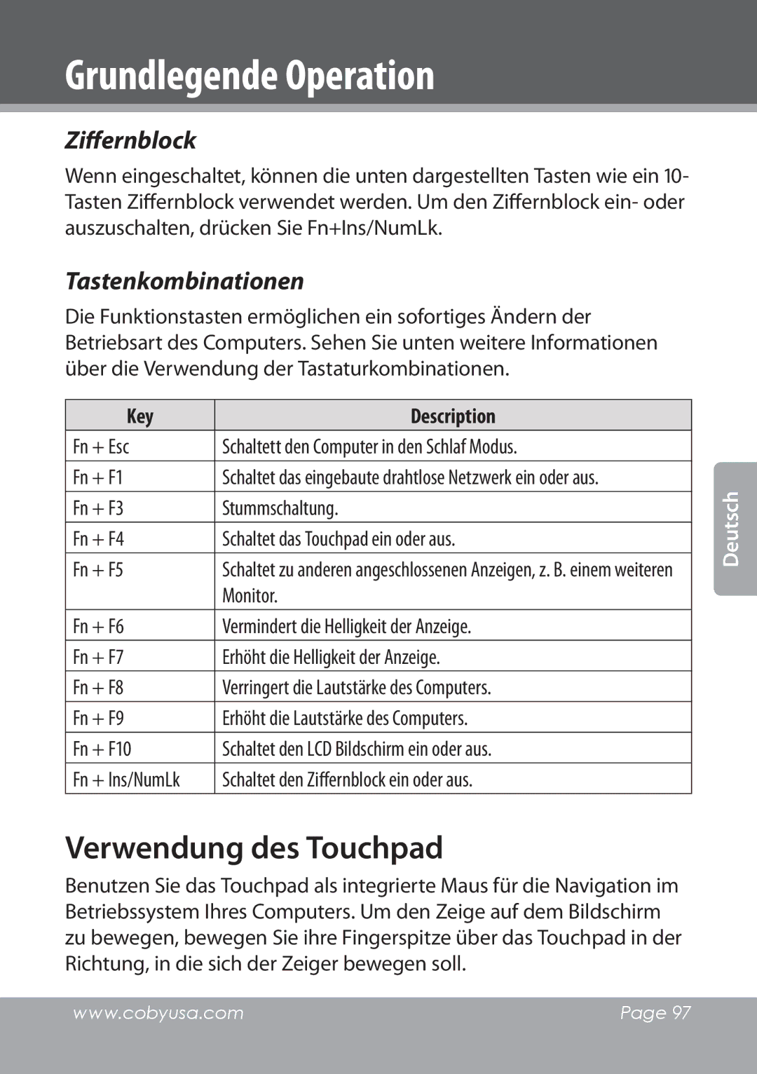 COBY electronic NBPC1022 instruction manual Verwendung des Touchpad, Ziffernblock, Tastenkombinationen 