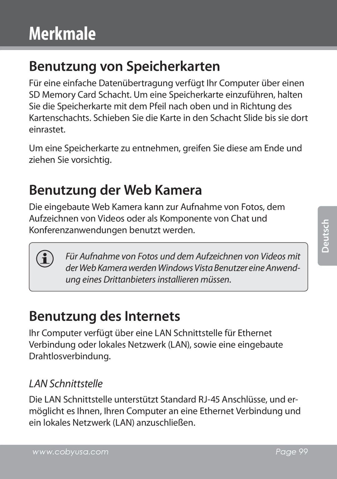 COBY electronic NBPC1022 Merkmale, Benutzung von Speicherkarten, Benutzung der Web Kamera, Benutzung des Internets 