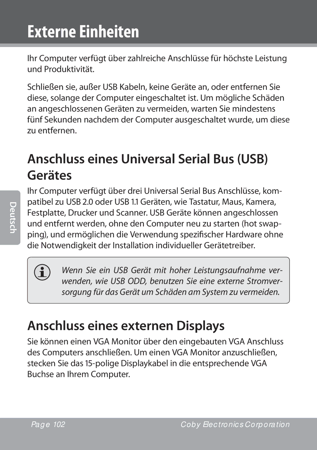 COBY electronic NBPC1023, NBPC893 instruction manual Externe Einheiten, Anschluss eines Universal Serial Bus USB Gerätes 