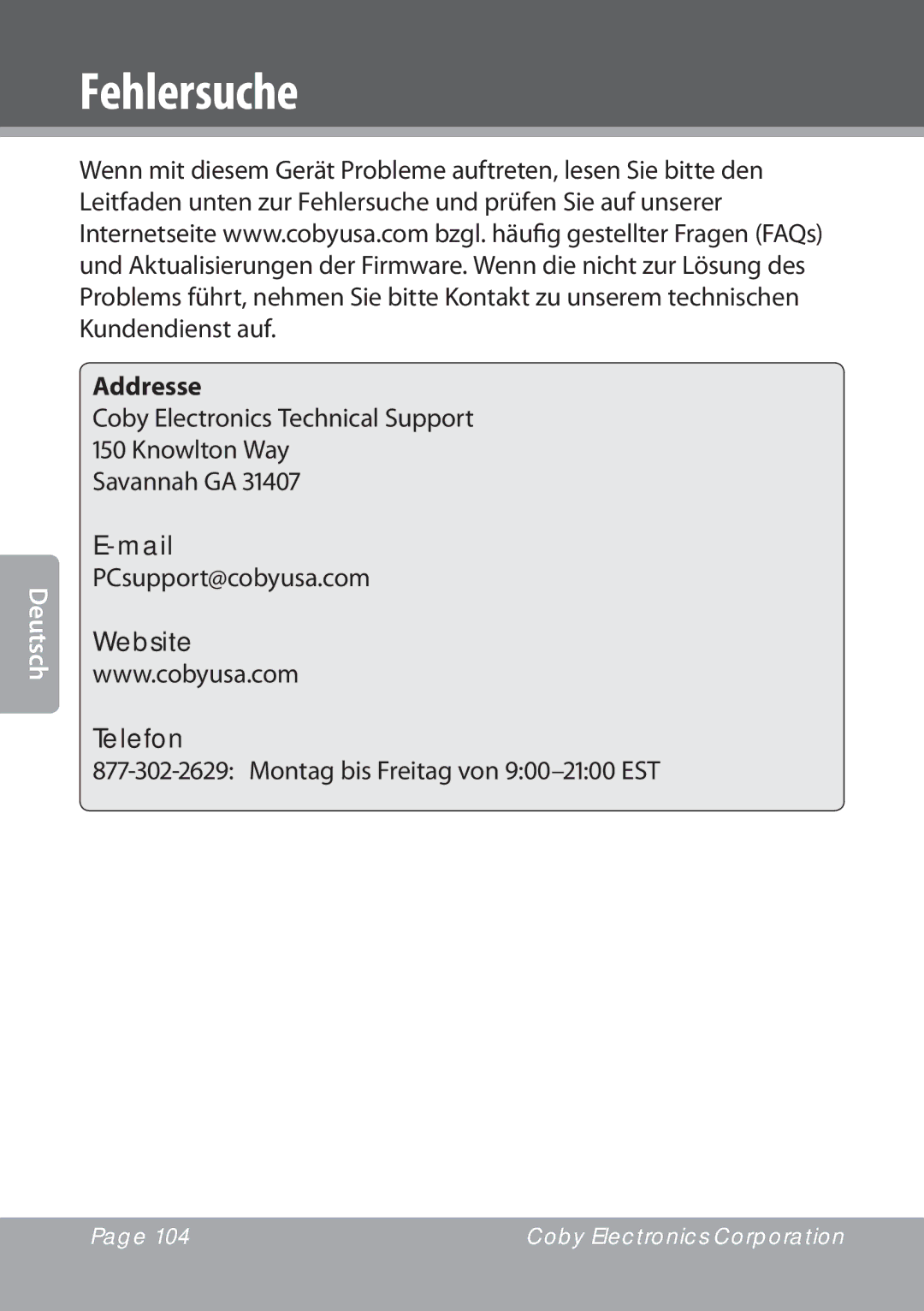 COBY electronic NBPC1023, NBPC893 instruction manual Fehlersuche, Montag bis Freitag von 900-2100 EST 