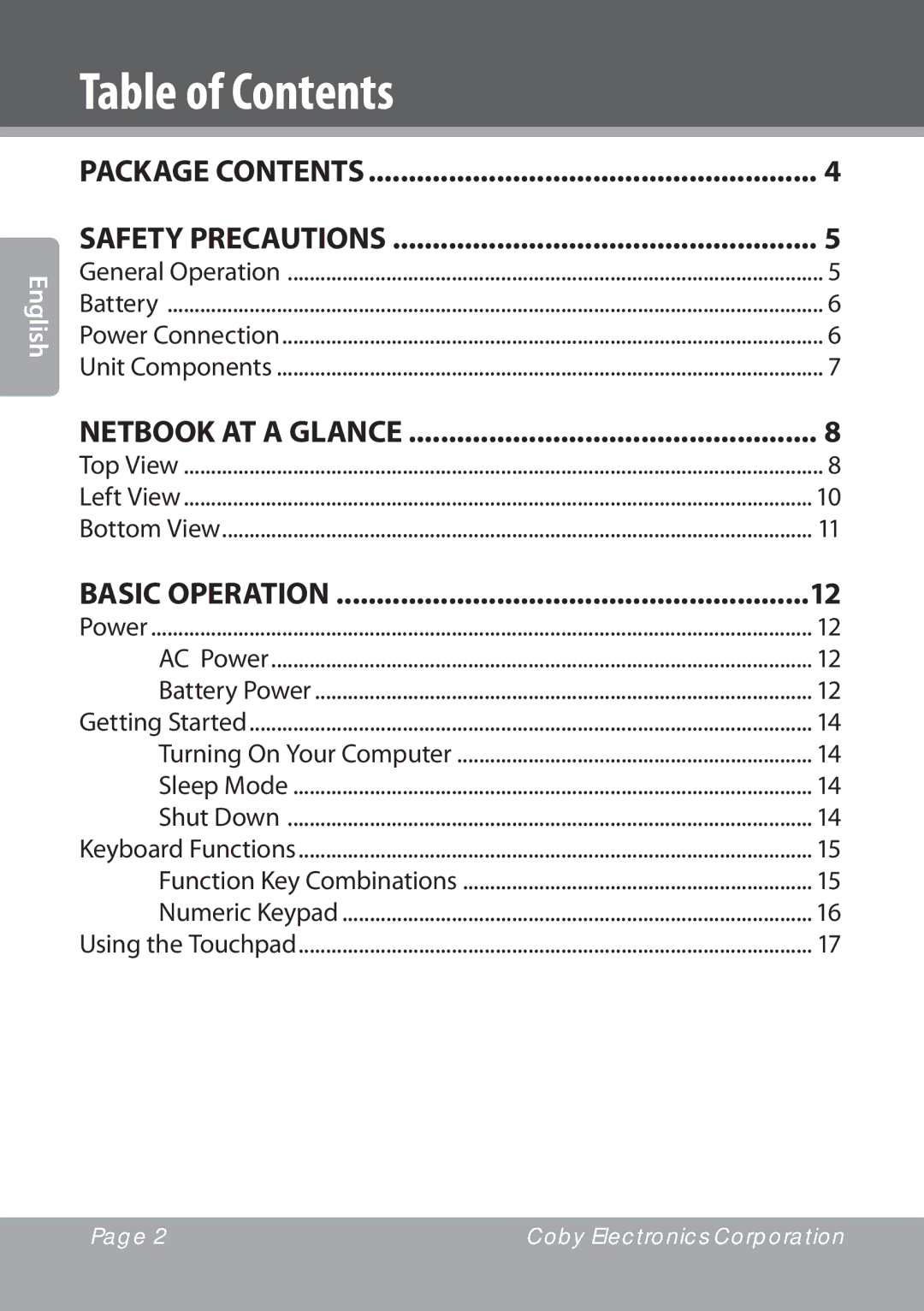 COBY electronic NBPC1023, NBPC893 instruction manual Table of Contents 