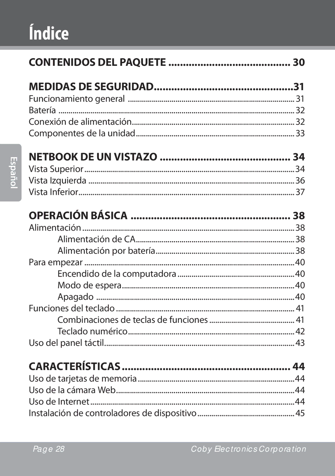 COBY electronic NBPC1023, NBPC893 instruction manual Índice, Contenidos del paquete 