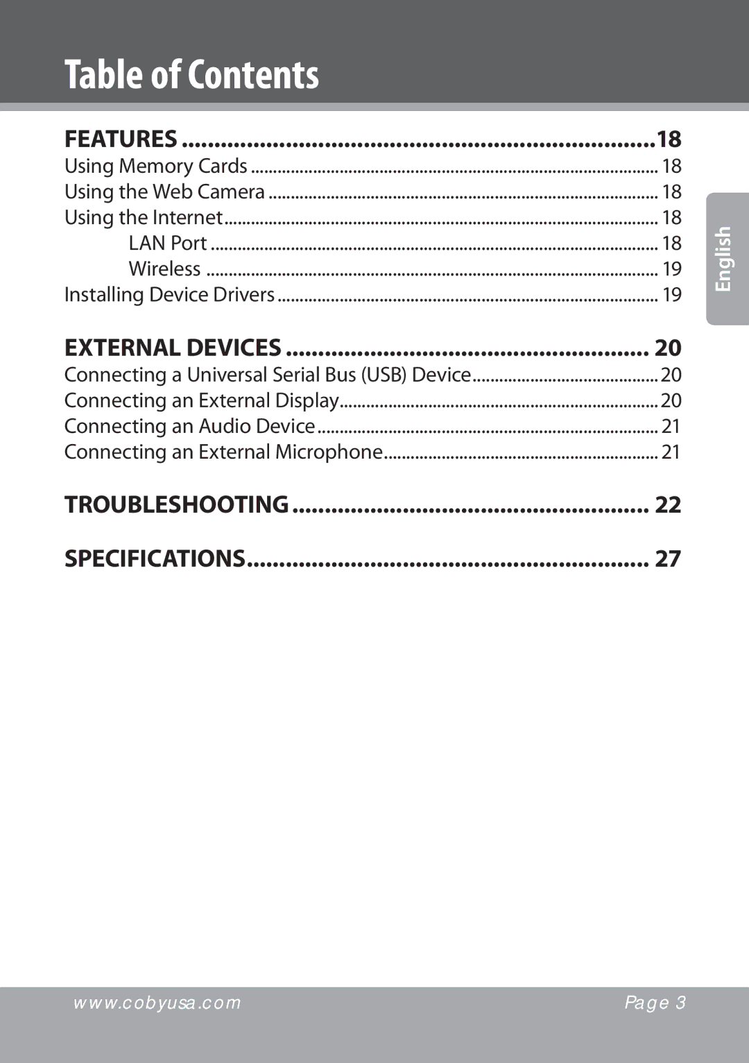 COBY electronic NBPC893, NBPC1023 instruction manual Troubleshooting Specifications 