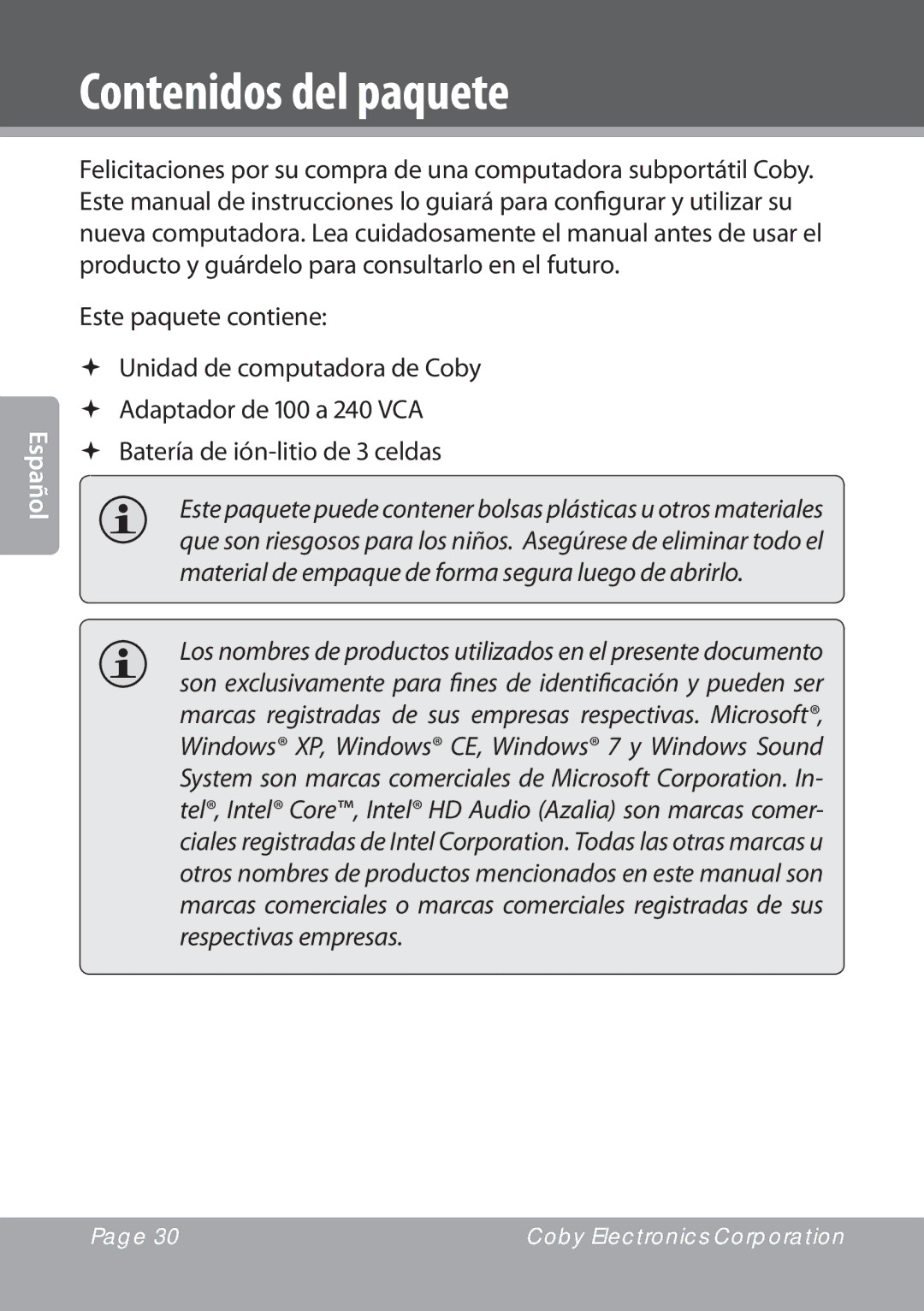 COBY electronic NBPC1023, NBPC893 instruction manual Contenidos del paquete 