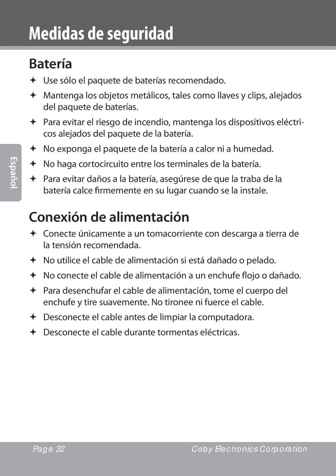 COBY electronic NBPC1023, NBPC893 instruction manual Batería, Conexión de alimentación 