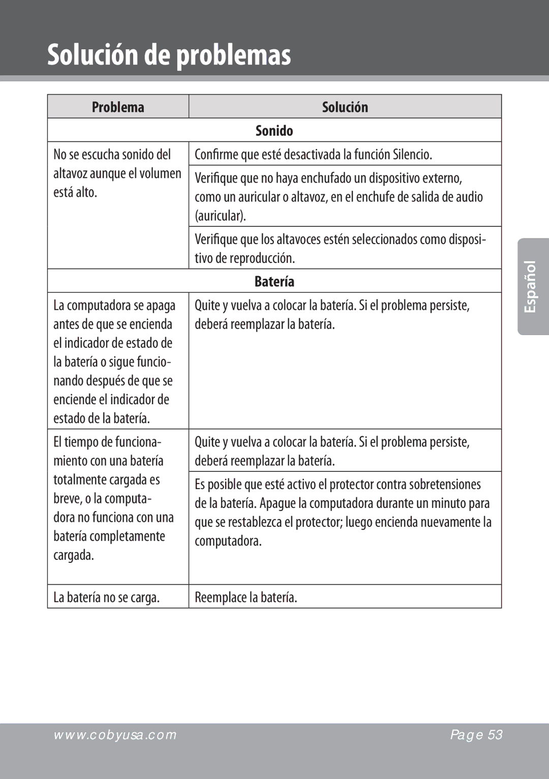 COBY electronic NBPC893, NBPC1023 Problema Solución Sonido, Confirme que esté desactivada la función Silencio, Batería 