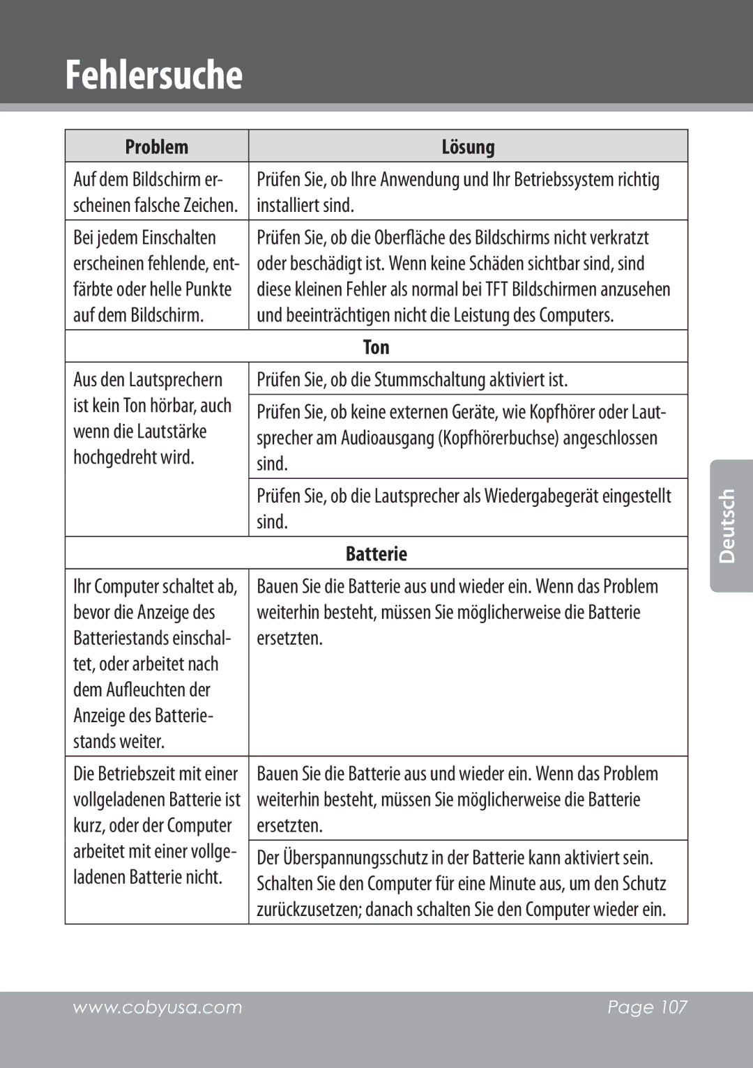 COBY electronic NBPC1028 instruction manual Ton, Batterie 