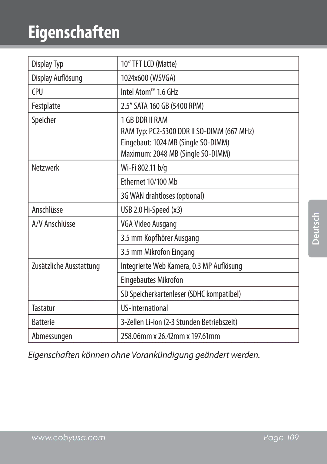 COBY electronic NBPC1028 instruction manual Eigenschaften, Display Typ TFT LCD Matte Display Auflösung 1024x600 Wsvga 