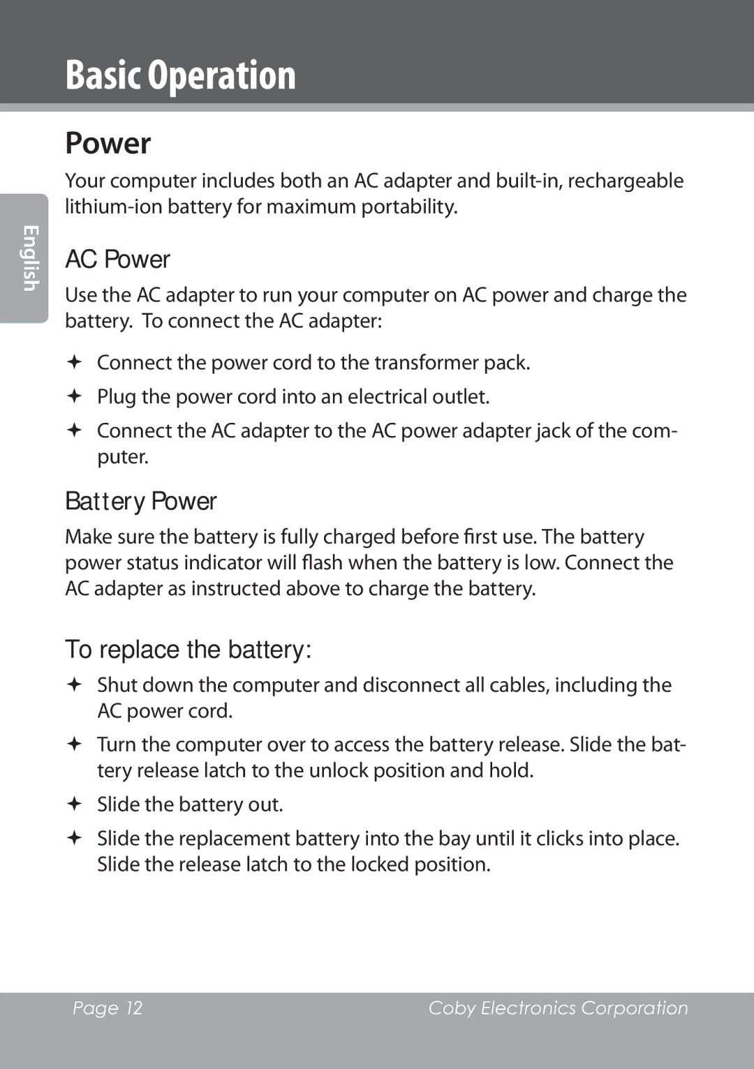 COBY electronic NBPC1028 instruction manual Basic Operation, AC Power, Battery Power, To replace the battery 