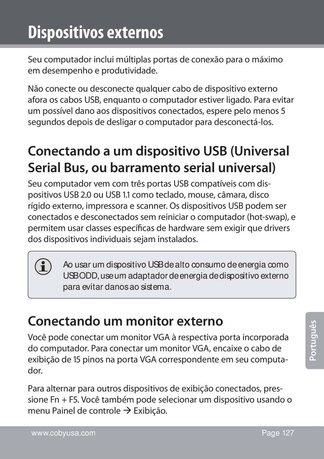 COBY electronic NBPC1028 instruction manual Dispositivos externos, Conectando um monitor externo 