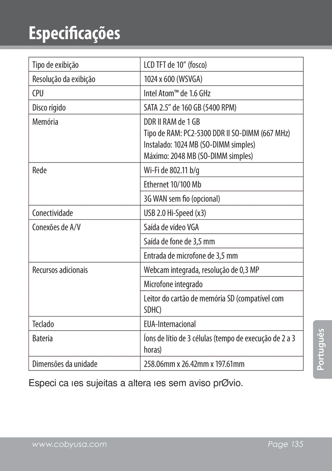 COBY electronic NBPC1028 instruction manual Especificações, Microfone integrado, Teclado EUA-Internacional, Bateria 