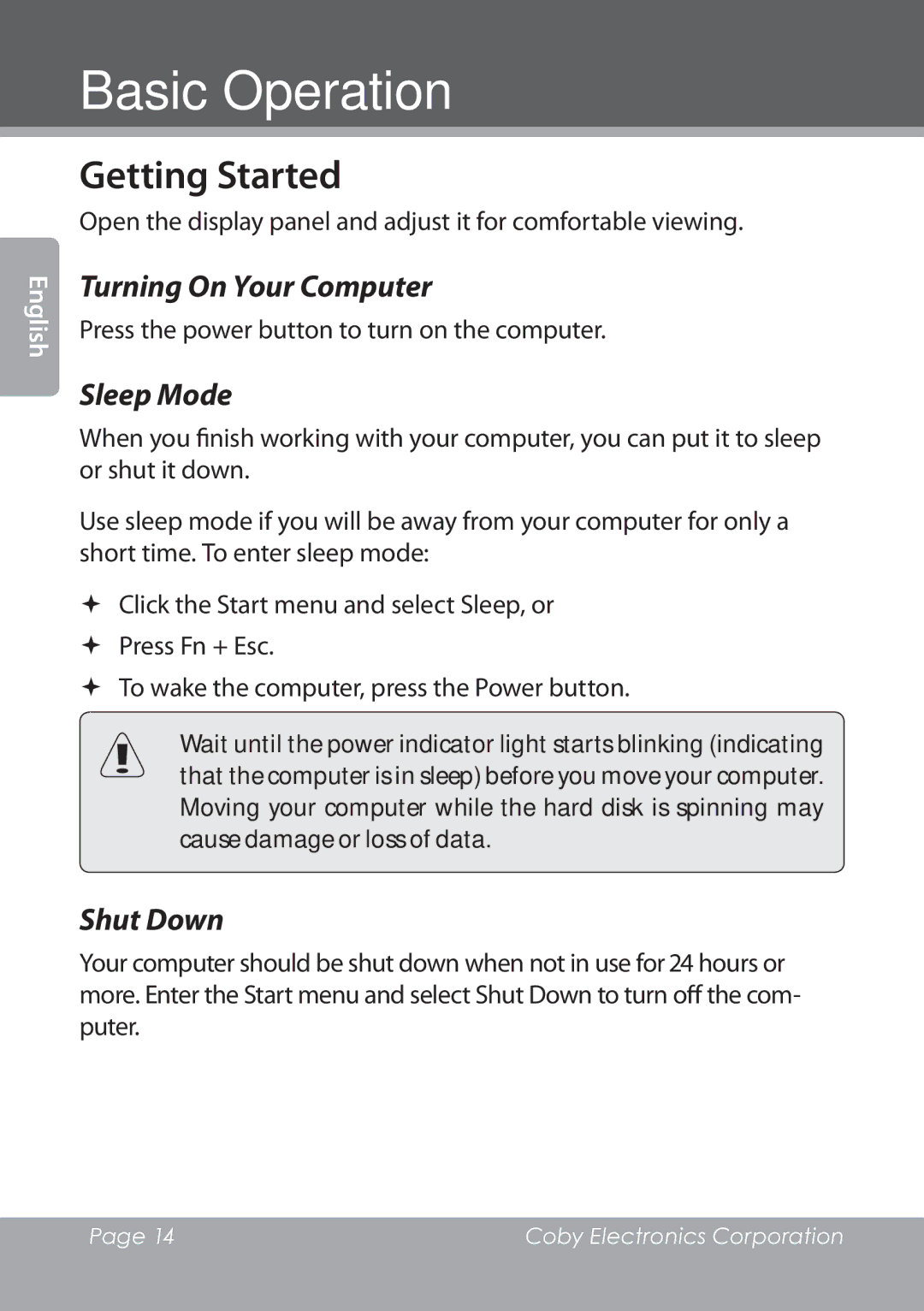 COBY electronic NBPC1028 instruction manual Getting Started, Turning On Your Computer, Sleep Mode, Shut Down 