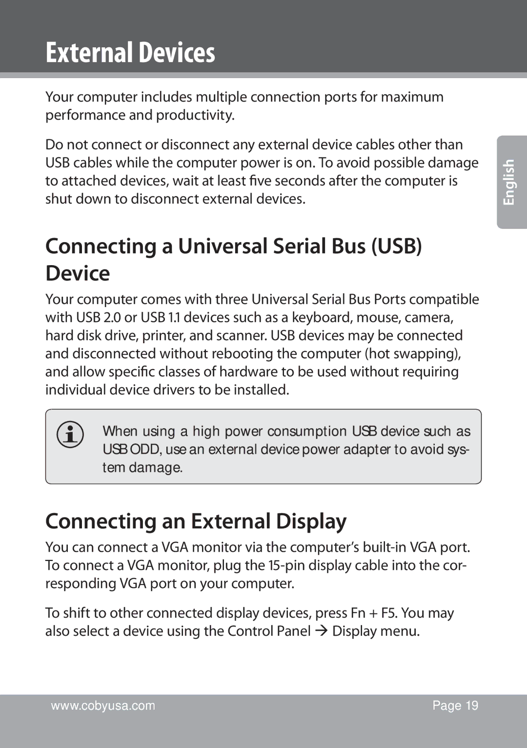 COBY electronic NBPC1028 External Devices, Connecting a Universal Serial Bus USB Device, Connecting an External Display 