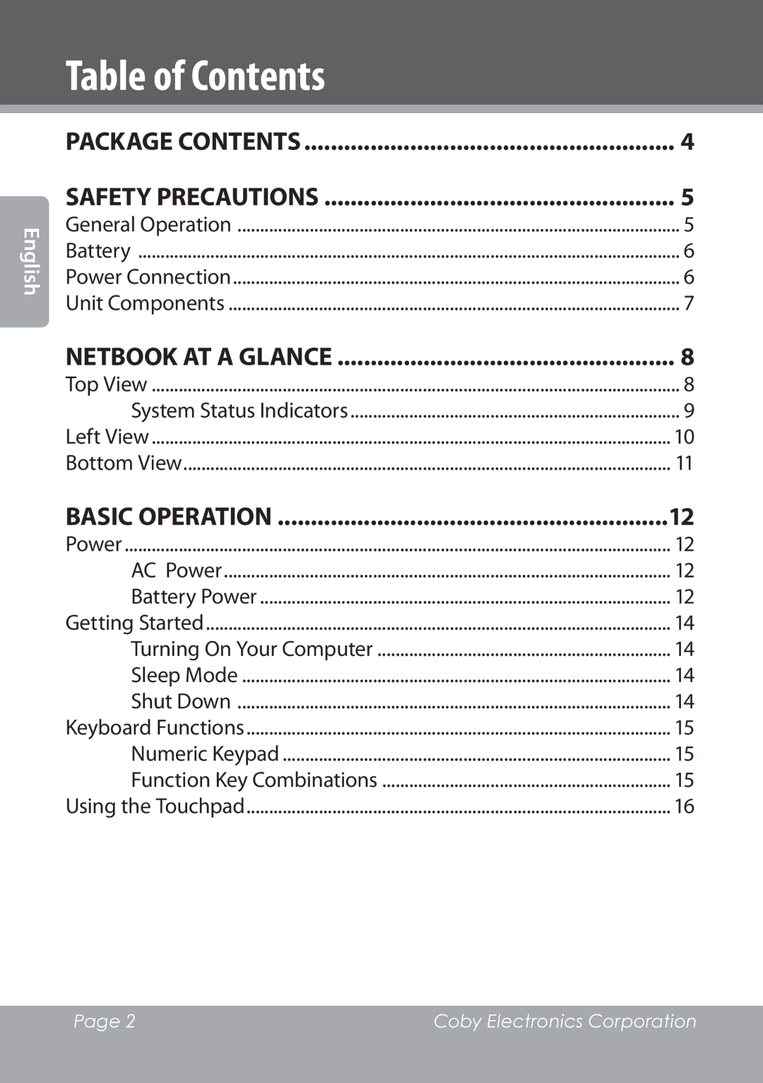 COBY electronic NBPC1028 instruction manual Table of Contents 